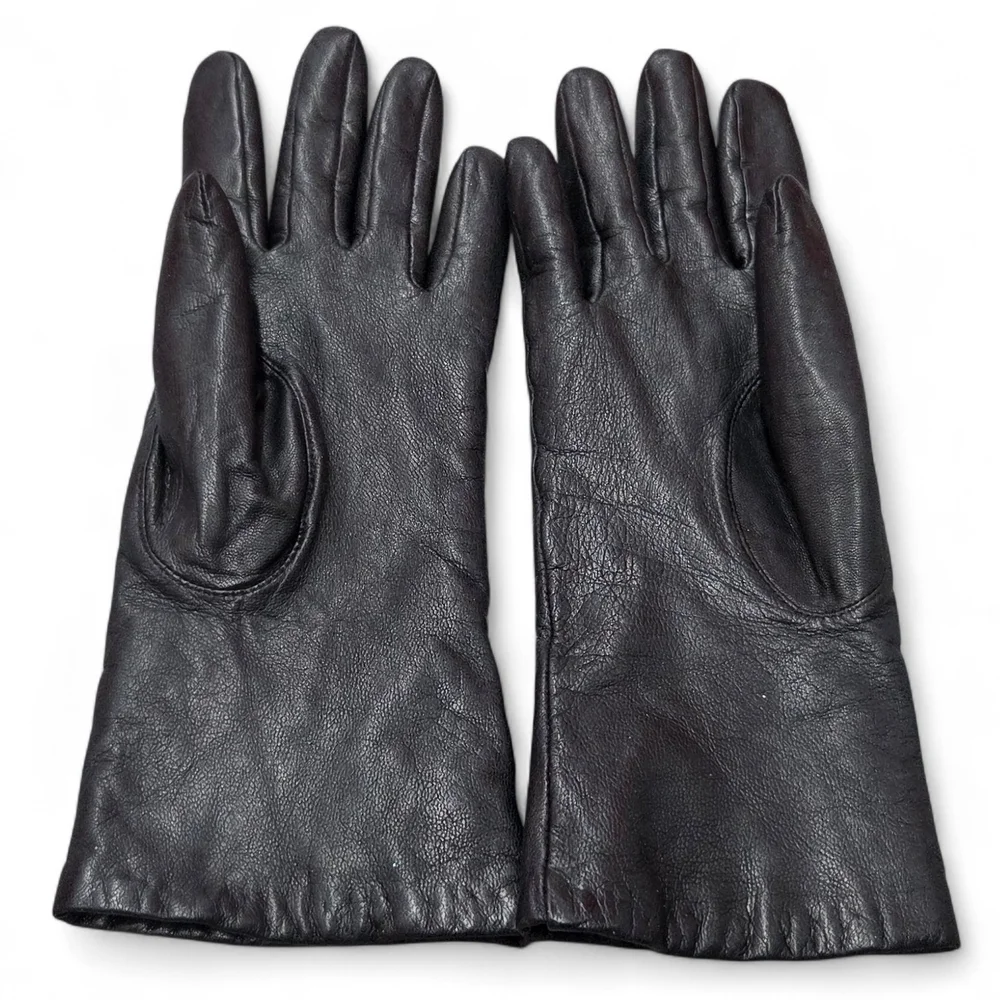 Vtg Isotoner Ladies Black Leather and Brown Cashmere Knit Gloves Size 7 Sm/Med**